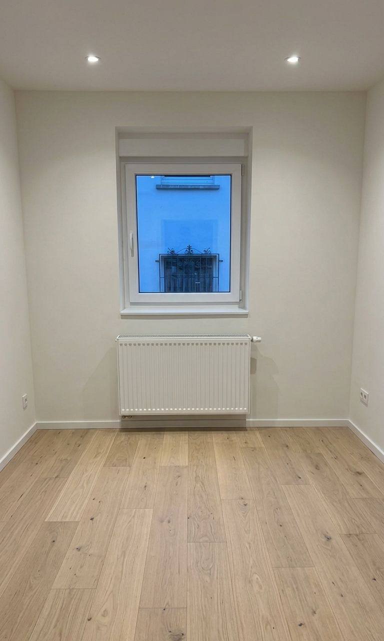 Zimmer mit neuem Heizkörper unter Fenster nach Sanierung